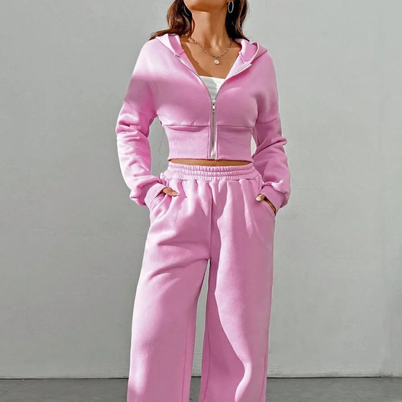 Pink Casual Women's Spring Zip Front Hooded Sweatshirt And Pants Two Piece Set - Picture 5 of 7